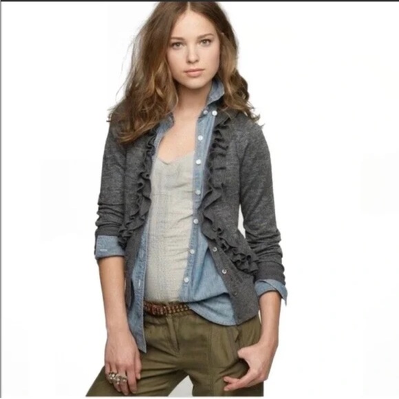J Crew Wool Blend Ruffled Open Front Button Down Cardigan Sz XS Grey Melange - Picture 1 of 6